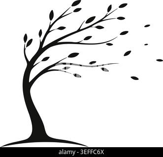 Simple illustration of a curved tree bending in the wind with scattered leaves blowing away from the branches. Stock Vector
