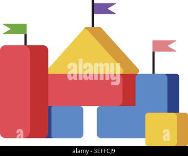 Simple illustration of a colorful toy castle with red blue and yellow blocks and small flags on the towers. Stock Vector