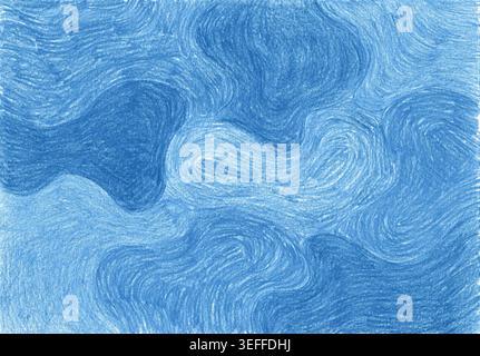 Abstract background hand drawn with colored pencils or crayons. Features swirling, organic shapes, spots and wavy lines. Different shades of blue colo Stock Photo