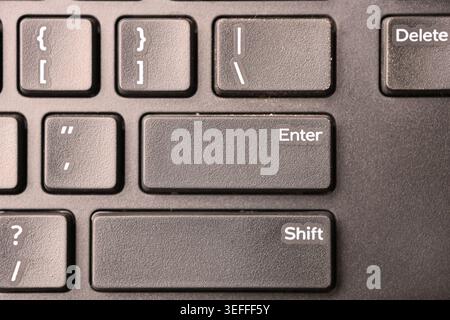 Black Computer Keyboard Macro Shot Highlighting Enter Key with Soft Blurred Backgrounds Top View Stock Photo