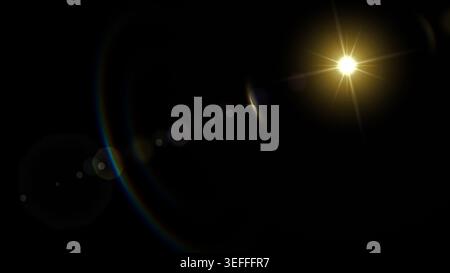 magical gold yellow optical lens flare rainbow arc overlay. bright glowing spectrum beam ray element isolated on black background. vibrant colorful li Stock Photo