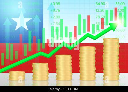 Chile Economy. Flag of Chile with Rising Financial Graph. Economic Growth and Development Concept. Vector Illustration. Stock Vector