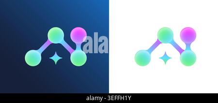 Futuristic AI logo design. Digital artificial intelligence symbol. Modern neural network concept. Neon gradient particles connection to LLM badge. Abstract 3D atom model high technology visualization. Stock Vector