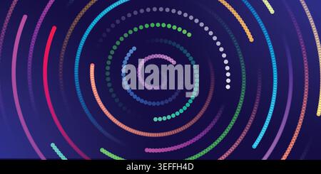 Technology abstract background with glowing neon blue concentric circles and dashed spiral lines for modern futuristic networks Stock Vector
