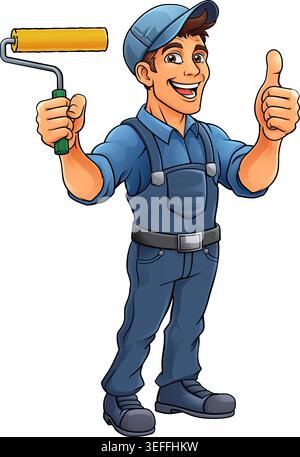 Painter Decorator Paint Roller Cartoon Handy Man Stock Vector