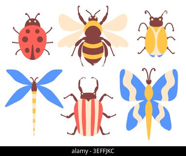 Flat vector set of colorful summer insects icons on isolated background. Stock Vector
