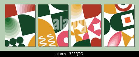 Abstract geometric poster set with green yellow red shapes in bauhaus mid century modern minimal style background template Stock Vector