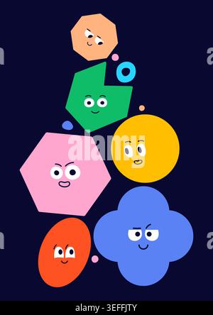 Color faces with different emotions on blue background. Poster with geometric elements. Stock Vector