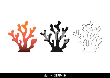 Staghorn coral silhouette vector icon set with gradient, black filled and linear contour versions for marine logo, reef protection concept and ocean e Stock Vector