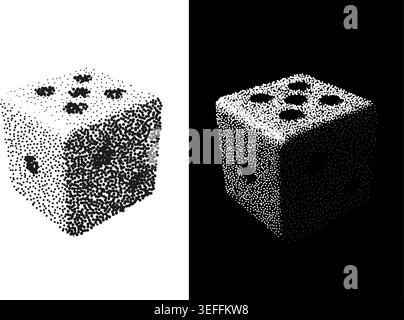 Dotwork stippled 3D dice cube illustration isolated on background in minimalist black and white style Stock Vector