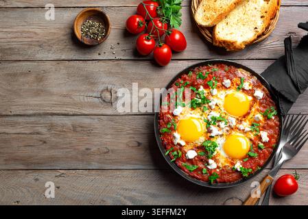 Shakshuka - fried eggs in spicy tomato sauce, topped with feta cheese and parsley. Shakshuka - Mediterranean Helthy breakfast on wooden background, to Stock Photo
