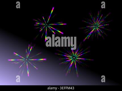 Set of colorful rainbow lens flare star burst elements on dark black background Stock Vector