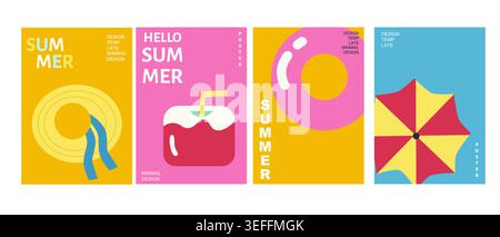 Bright Summer Poster set in minimalist geometric style. Typography backgrounds for summer vacation ads. Vacation time cover set with tropical cocktail and hat. Stock Vector