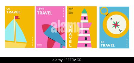 Colorful Summer Travel designs in minimalist geometric style. Typography backgrounds for beach vacation ads. Travel time poster set with compass, boat, plane and lighthouse. Stock Vector