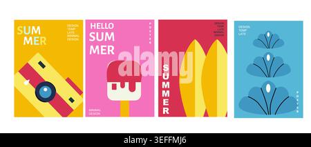 Colorful Summer Poster template in minimalist geometric style. Typography design for beach vacation ads. Summer time cover set with camera, ice cream, surfboards and seashells. Stock Vector