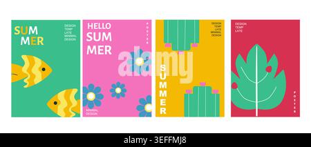 Colorful Summer Poster designs in minimalist geometric style. Typography backgrounds for beach vacation ads. Summer time cover set with tropical fish, monstera leaf, cactus and flowers. Stock Vector