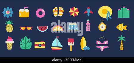 Set of summer vacation icon. Minimalist geometric design. Summer seaside vector elements. Tropical beach holiday icon set. Surfboard, pineapple, cocktail, swimsuit, camera, beach umbrella, ice cream. Stock Vector