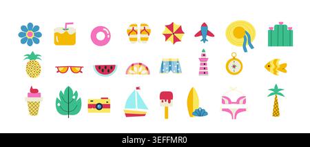 Set of summer icon in flat style. Minimalist geometric design. Summer vacation vector elements. Tropical beach icon set. Surfboard, watermelon, cocktail, seashell, camera, beach umbrella, ice cream. Stock Vector