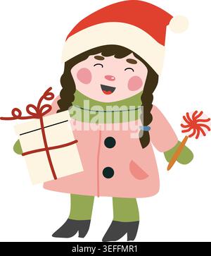 Cute christmas girl in santa hat. Cartoon vector illustration isolated on white. Winter kid character with candy cane and gift box. Stock Vector