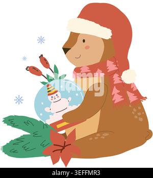 Cartoon christmas woodland animal. Cute bear in santa hat vector illustration isolated on white. Cartoon flat bear with snowball toy and fir branch. Stock Vector
