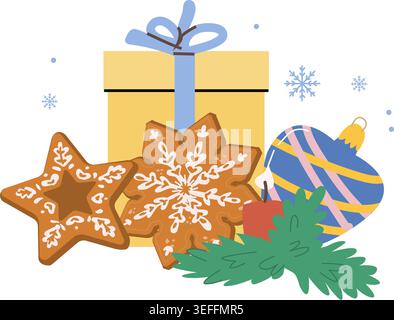 Cartoon christmas cookie, gift and bauble. Cute festive element for christmas greeting card. Xmas clipart, vector illustration isolated on white. Stock Vector