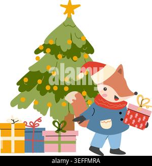 Christmas clipart with cute fox and xmas tree. Cartoon flat vector illustration isolated on white background. Chrismas cute animal composition can used for greeting card, banner. Stock Vector