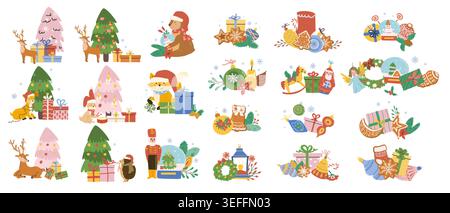 Cartoon Festive christmas elements set. Collection of woodland animals in santa hat, christmas cookies and presents, festive decorations. Winter holidays compositions set. Cartoon flat illustration. Stock Vector