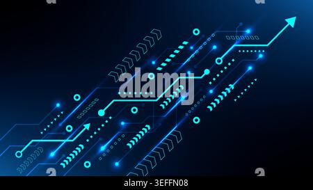 Futuristic blue digital background with glowing circuit lines and upward growth arrows for high tech business concepts Stock Vector