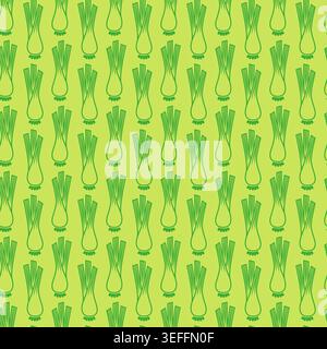 Vector seamless green onion, leek pattern with repeating scallion vegetables, simple food background with fresh spring onions on light texture Stock Vector