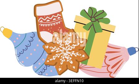 Cartoon christmas composition with christmas cookie and bauble, gift and ornaments. Festive xmas clipart for decorations. Vector flat illustration isolated on white background. Stock Vector