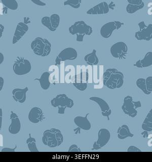 Vector seamless pattern with colorful hand drawn vegetable silhouette, playful healthy food background with broccoli, garlic, potatoes, carrot, eggpla Stock Vector