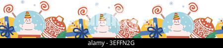 Cartoon christmas border with snowman and candy cane. Snowball and christmas cookies tape template for festive decorations for winter holidays. Stock Vector