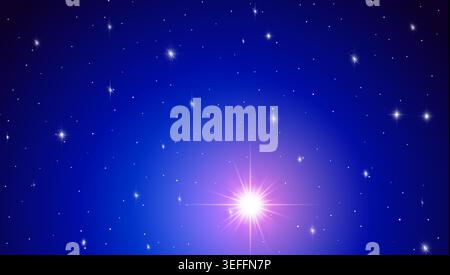 Glowing star burst on deep blue starry night sky background, with bokeh effect Stock Vector