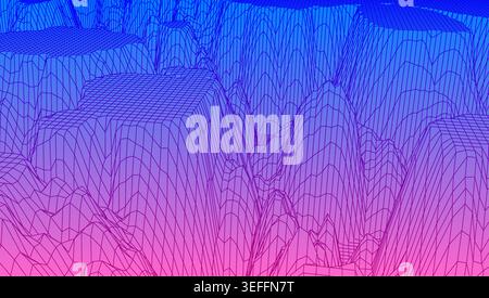 Digital landscape with mountains and plateus made of line grid in futuristic technology or science style Stock Vector