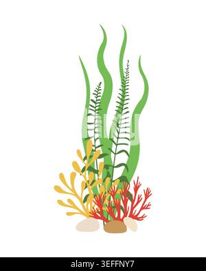 Marine underwater composition with green seaweed, yellow and red sea plants on stones vector illustration in flat style for aquarium decoration, child Stock Vector