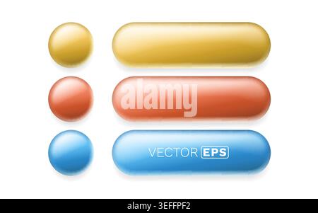 Glossy 3D buttons and rounded shapes in vibrant colors. Ideal for modern web design and user interface elements. Vector illustration Stock Vector