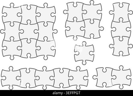 Puzzle piece vector icons in outline style. Jigsaw template frames for business infographics, educational games and modern graphic design concepts. Stock Vector