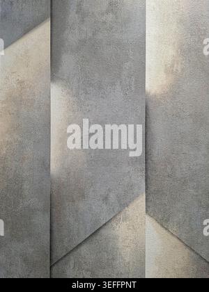 A surface features a grey textured wall with geometric lines. Soft shadows play across the surface, highlighting the design. This creates an abstract Stock Photo