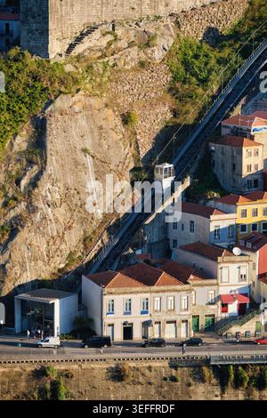Funicular dos Guindais climbs a steep hillside above the Douro River in Porto, Portugal, with Ribeira buildings and rocky slopes nearby Stock Photo