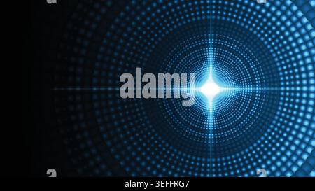 Futuristic background featuring concentric blue glowing dots and a central bright starburst Stock Vector