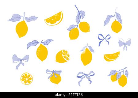 Coquette set lemon elements, bow, stripes. Floral cute trellis citrus bg, background. Lemon with leaves, lemon slice, part. Vector illustration Stock Vector