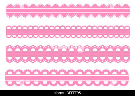 Scalloped edge pink lace set border, cute textile frill stripe. scalloped border, frame, pattern isolated. Zigzag edge border, cutout decoration line frame collection. Vector illustration Stock Vector