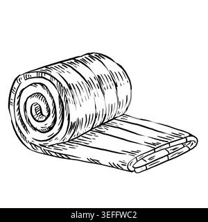 Black and white line art vector of a rolled towel with flat unrolled edge. Minimalist illustration for spa menu, hotel branding, beach accessory label Stock Vector