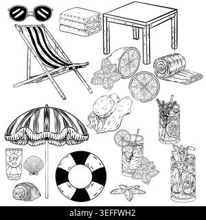 Black and white line art vector mega set of beach and resort items: lounger, umbrella, cocktails, citrus, shells, starfish, towels, hat, sunglasses Stock Vector