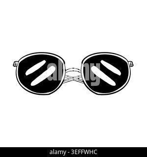 Black and white line art vector of round sunglasses with glossy lenses and crossed temples. Minimalist fashion illustration for resort branding Stock Vector