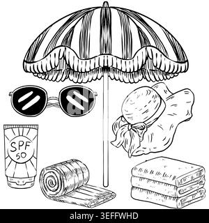Black and white line art vector beach accessories set: striped umbrella, sunglasses, sunscreen, straw hat, stacked towels and rolled mat. Minimalist Stock Vector