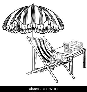 Black and white line art vector of a beach scene: striped lounger with hat under umbrella, wooden table with mojito, stacked towels and starfish Stock Vector