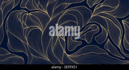 Luxury vector abstract floral pattern, elegant art deco style with golden line leaves, ornament on dark blue background. Japanese, oriental design Stock Vector