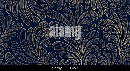 Luxury vector abstract floral pattern, elegant art deco style with golden line leaves, ornament on dark blue background. Japanese, oriental design Stock Vector
