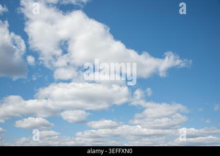 Bright blue sky filled with fluffy white clouds, varying in size and shape, creating a serene and tranquil scene. The clouds are well-defined against Stock Photo